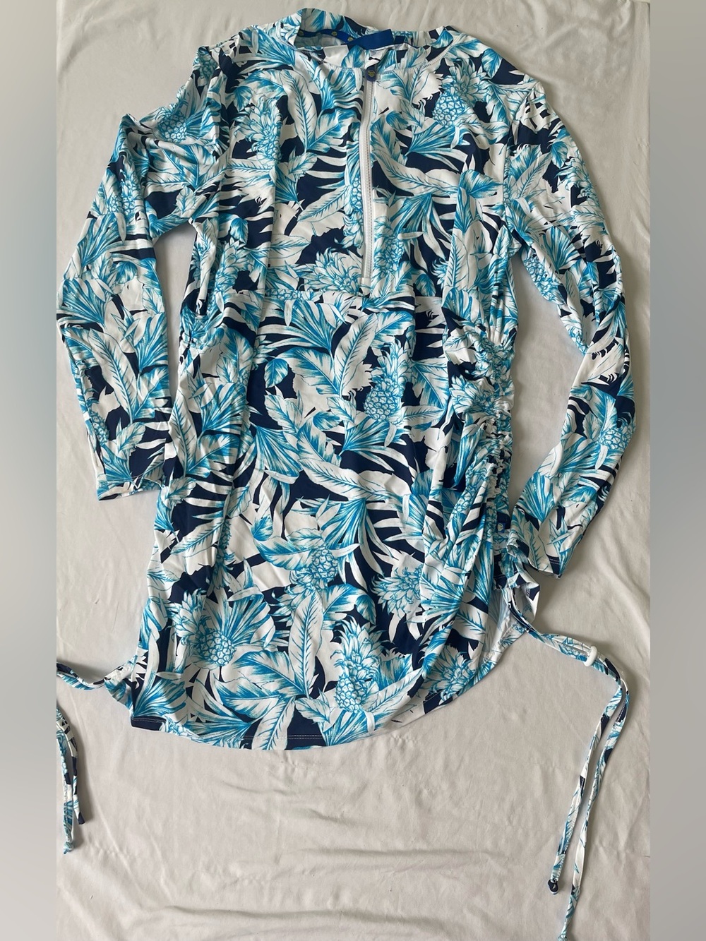 Banana Boat UPF 50 Navy White Cover Up Dress XL. Drawstring Side Ties Zip Collar